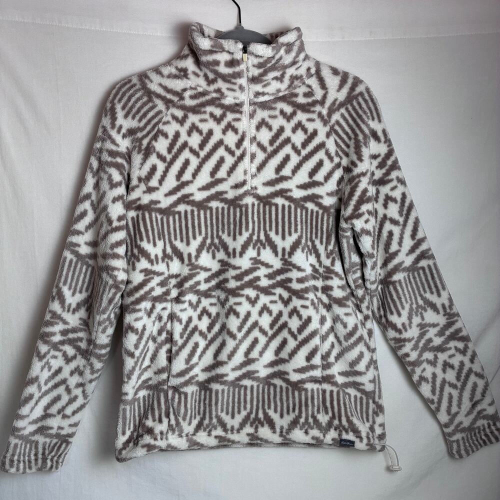 Eddie Bauer Womens Medium Plush Fleece 1/4 Zip Pullover Geometric Taupe White